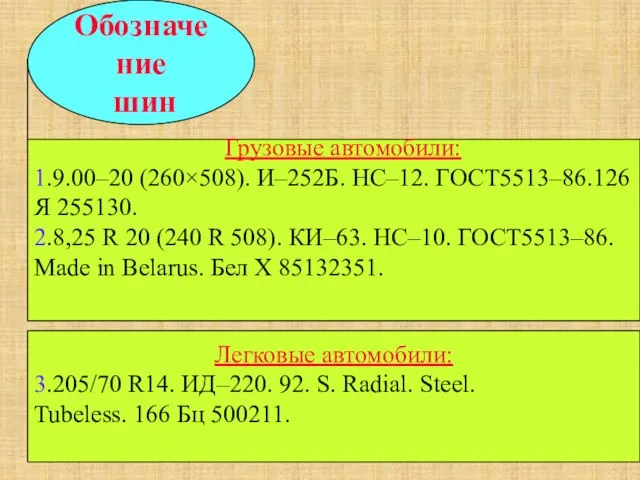 Обозначение шин Грузовые автомобили: 1.9.00–20 (260×508). И–252Б. НС–12. ГОСТ5513–86.126 Я 255130. 2.8,25