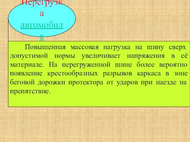 Перегрузка автомобиля Повышенная массовая нагрузка на шину сверх допустимой нормы увеличивает напряжения