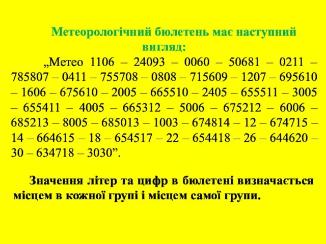 Метеорологічний бюлетень має наступний вигляд: „Метео 1106 – 24093 – 0060 –