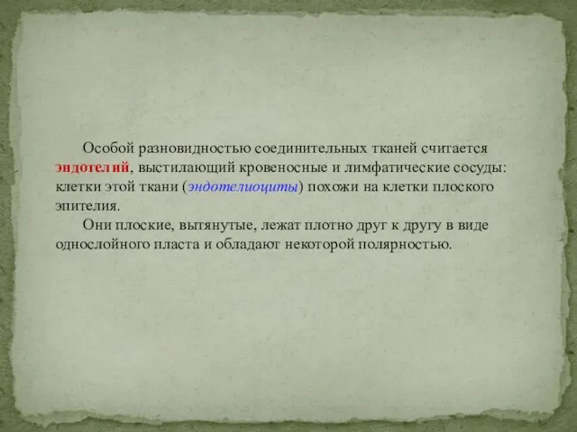 Особой разновидностью соединительных тканей считается эндотелий, выстилающий кровеносные и лимфатические сосуды: клетки