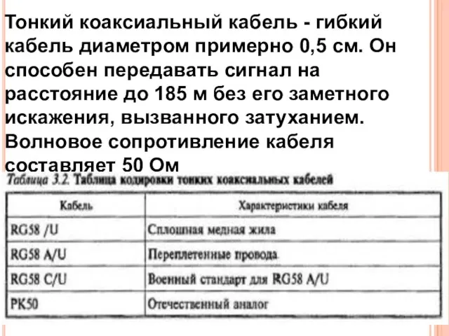 Тонкий коаксиальный кабель - гибкий кабель диаметром примерно 0,5 см. Он способен