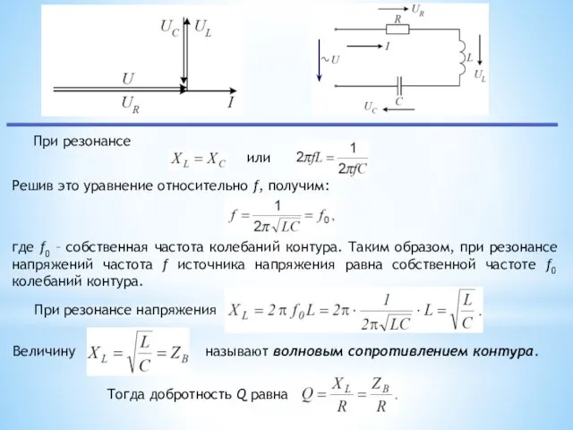 При резонансе или Решив это уравнение относительно f, получим: где f0 –