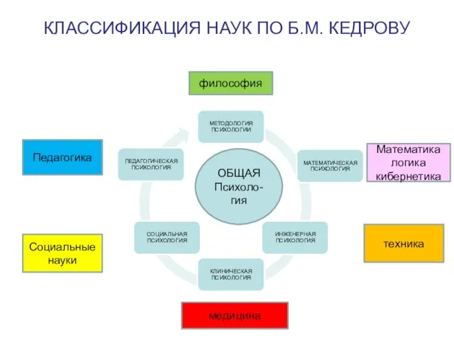 КЛАССИФИКАЦИЯ НАУК ПО Б.М. КЕДРОВУ ОБЩАЯ Психоло-гия философия медицина Социальные науки техника Математика логика кибернетика Педагогика