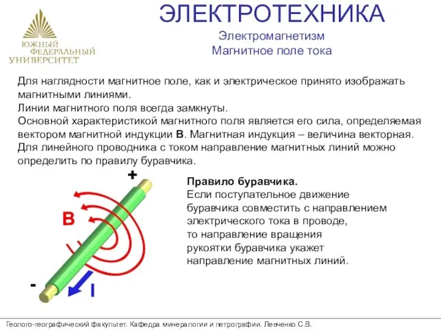 ЭЛЕКТРОТЕХНИКА Электромагнетизм Магнитное поле тока Геолого-географический факультет. Кафедра минералогии и петрографии. Левченко