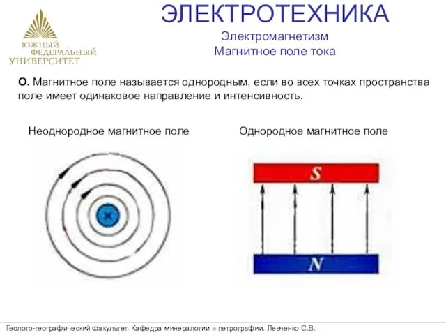 ЭЛЕКТРОТЕХНИКА Электромагнетизм Магнитное поле тока Геолого-географический факультет. Кафедра минералогии и петрографии. Левченко