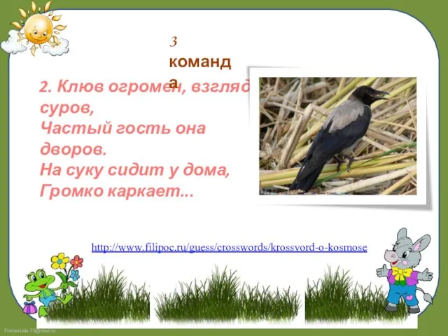 2. Клюв огромен, взгляд суров, Частый гость она дворов. На суку сидит