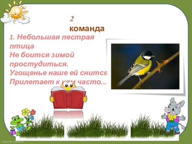 1. Небольшая пестрая птица Не боится зимой простудиться. Угощенье наше ей снится.