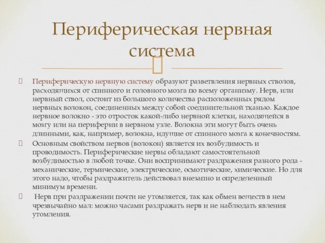 Периферическую нервную систему образуют разветвления нервных стволов, расходящихся от спинного и головного