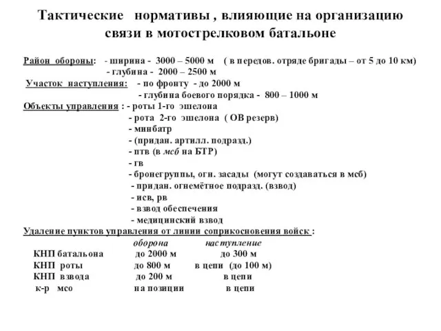 Тактические нормативы , влияющие на организацию связи в мотострелковом батальоне Район обороны: