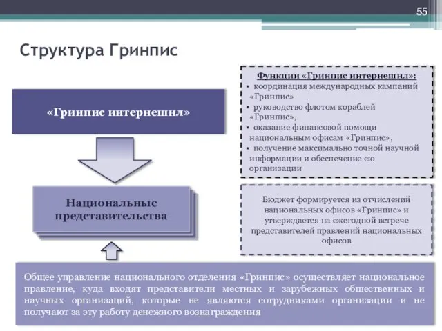 Структура Гринпис Функции «Гринпис интернешнл»: координация международных кампаний «Гринпис» руководство флотом кораблей