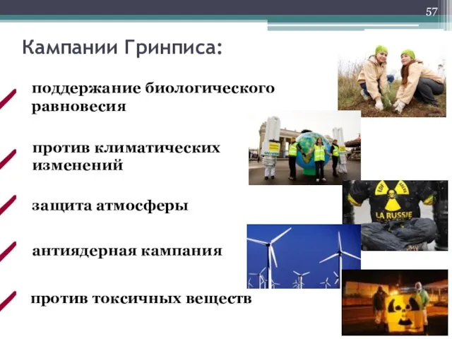 Кампании Гринписа: поддержание биологического равновесия против климатических изменений защита атмосферы антиядерная кампания против токсичных веществ