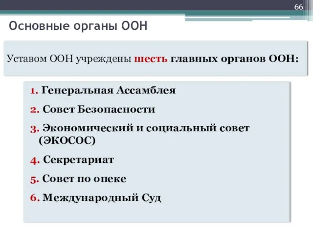 Основные органы ООН 1. Генеральная Ассамблея 2. Совет Безопасности 3. Экономический и