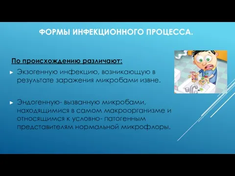 ФОРМЫ ИНФЕКЦИОННОГО ПРОЦЕССА. По происхождению различают: Экзогенную инфекцию, возникающую в результате заражения