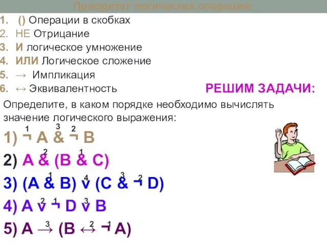РЕШИМ ЗАДАЧИ: Определите, в каком порядке необходимо вычислять значение логического выражения: 1)
