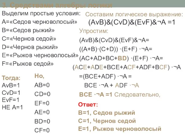 3. Средствами алгебры логики Выделим простые условия: А=«Седов черноволосый» В=«Седов рыжий» С=«Чернов