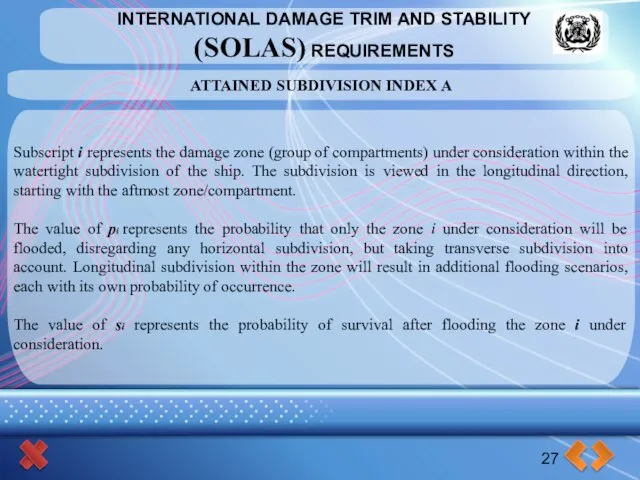 INTERNATIONAL DAMAGE TRIM AND STABILITY (SOLAS) REQUIREMENTS 27 ATTAINED SUBDIVISION INDEX A