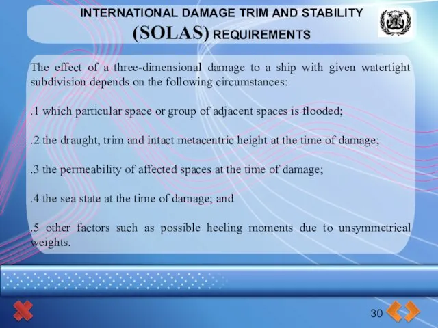 INTERNATIONAL DAMAGE TRIM AND STABILITY (SOLAS) REQUIREMENTS 30 The effect of a