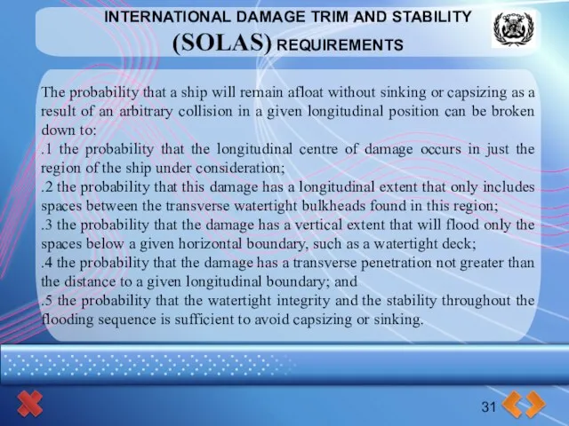 INTERNATIONAL DAMAGE TRIM AND STABILITY (SOLAS) REQUIREMENTS 31 The probability that a