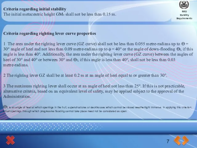 IMO Stability Requirements Criteria regarding initial stability The initial metacentric height GM0