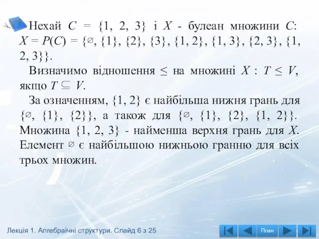 Нехай C = {1, 2, 3} і X - булеан множини C: