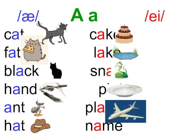 cat cake fat lake black snake hand plate ant plane hat name /æ/ A a /ei/