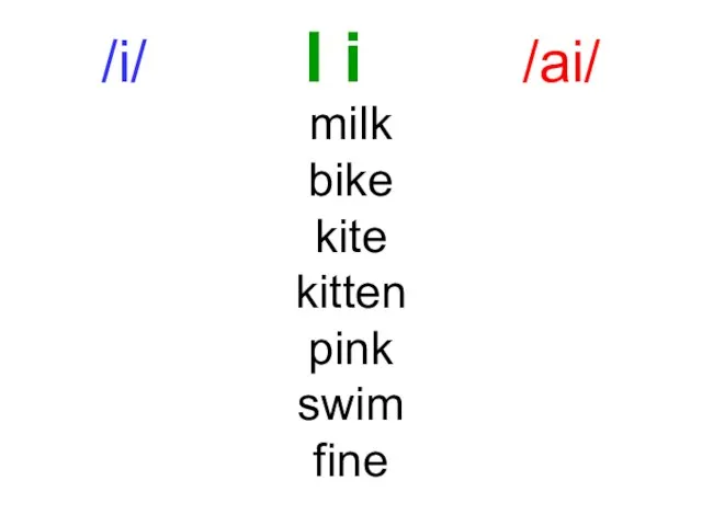 /i/ I i /ai/ milk bike kite kitten pink swim fine