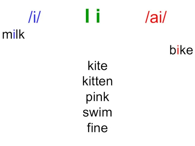 /i/ I i /ai/ milk bike kite kitten pink swim fine