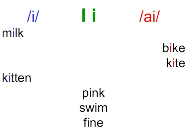 /i/ I i /ai/ milk bike kite kitten pink swim fine