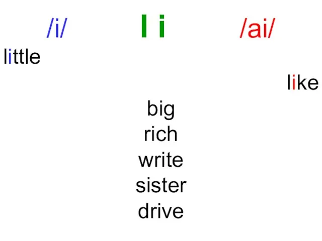 /i/ I i /ai/ little like big rich write sister drive