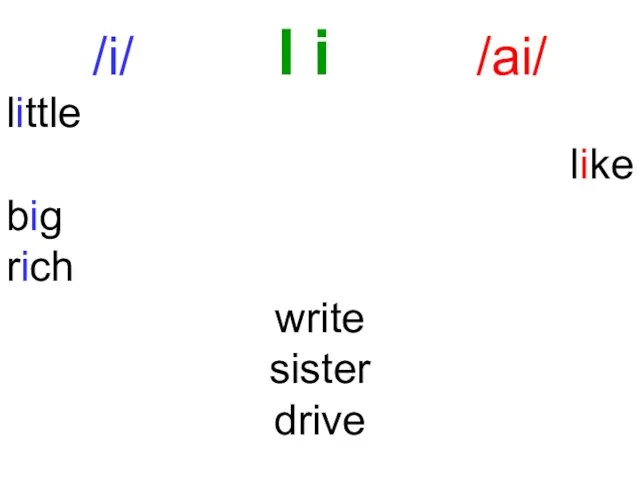 /i/ I i /ai/ little like big rich write sister drive