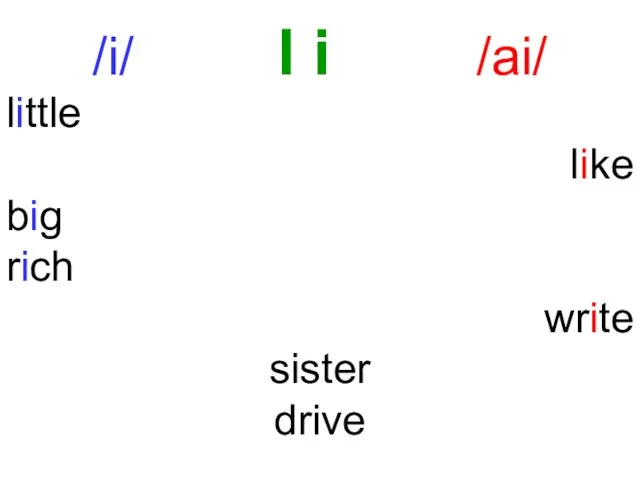 /i/ I i /ai/ little like big rich write sister drive