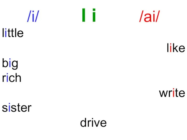 /i/ I i /ai/ little like big rich write sister drive