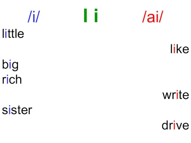 /i/ I i /ai/ little like big rich write sister drive