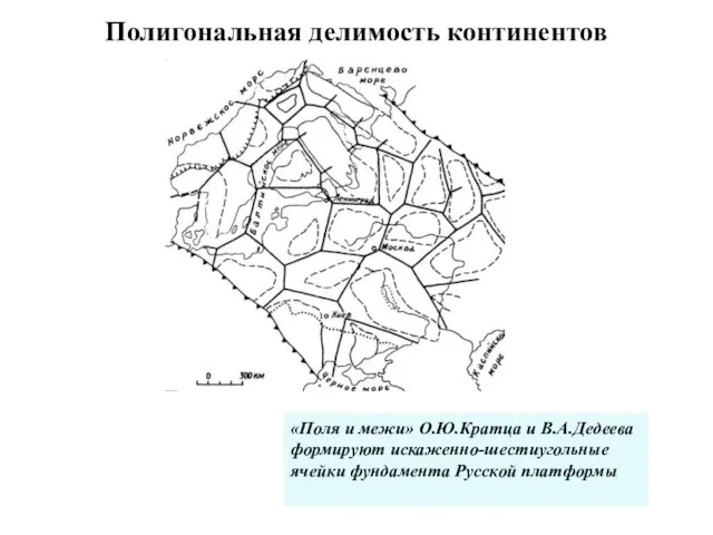 Полигональная делимость континентов «Поля и межи» О.Ю.Кратца и В.А.Дедеева формируют искаженно-шестиугольные ячейки фундамента Русской платформы