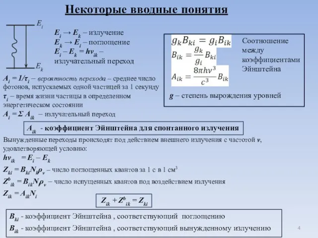 Некоторые вводные понятия Ei → Ek – излучение Ek → Ei –