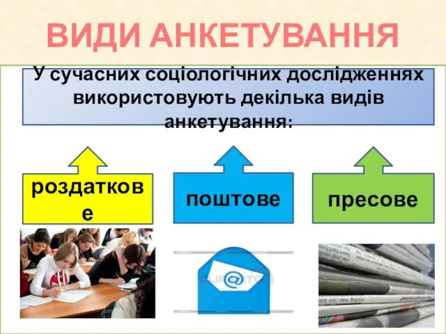 ВИДИ АНКЕТУВАННЯ поштове пресове роздаткове У сучасних соціологічних дослідженнях використовують декілька видів анкетування: