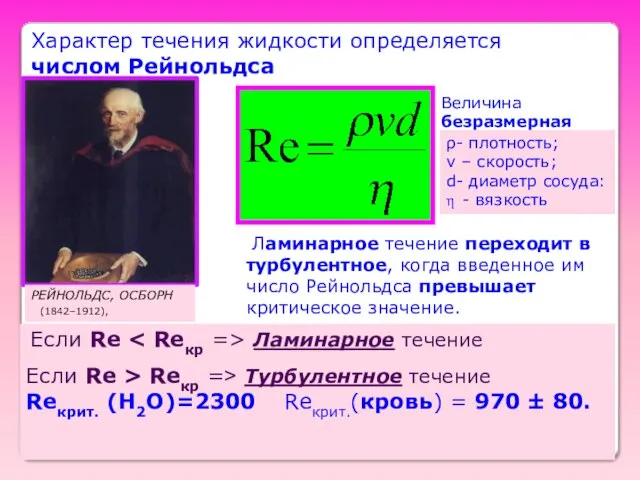 Характер течения жидкости определяется числом Рейнольдса РЕЙНОЛЬДС, ОСБОРН (1842–1912), Ламинарное течение переходит