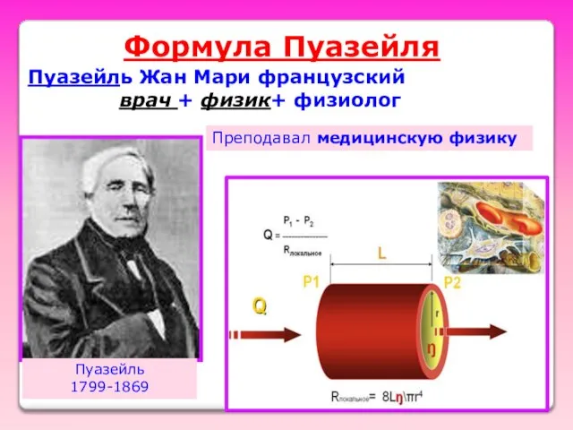 Формула Пуазейля Пуазейль Жан Мари французский врач + физик+ физиолог Преподавал медицинскую физику Пуазейль 1799-1869