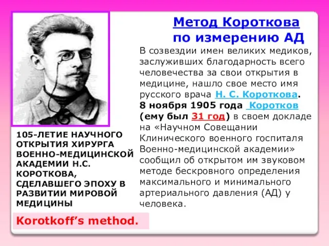 Метод Короткова по измерению АД 105-ЛЕТИЕ НАУЧНОГО ОТКРЫТИЯ ХИРУРГА ВОЕННО-МЕДИЦИНСКОЙ АКАДЕМИИ Н.С.КОРОТКОВА,