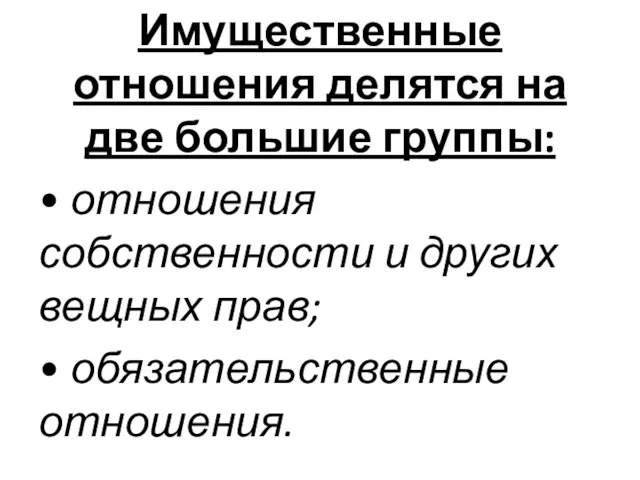 Имущественные отношения делятся на две большие группы: • отношения собственности и других