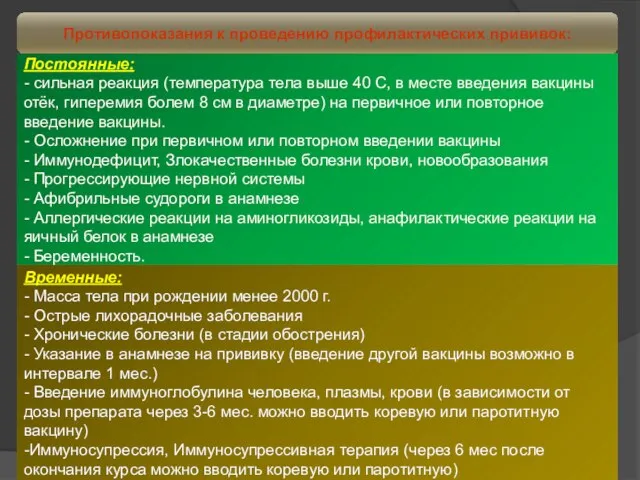 Противопоказания к проведению профилактических прививок: Постоянные: - сильная реакция (температура тела выше