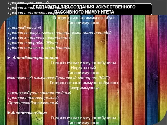 ПРЕПАРАТЫ ДЛЯ СОЗДАНИЯ ИСКУССТВЕННОГО ПАССИВНОГО ИММУНИТЕТА ► Антивирусные Гомологичные иммуноглобулины Нормальный Гипериммунные