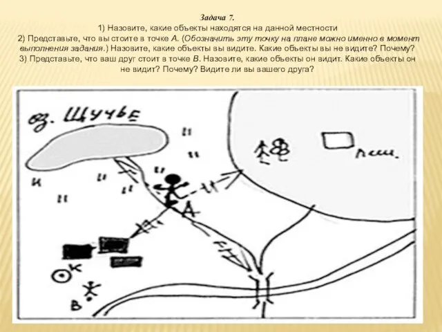 Задача 7. 1) Назовите, какие объекты находятся на данной местности 2) Представьте,