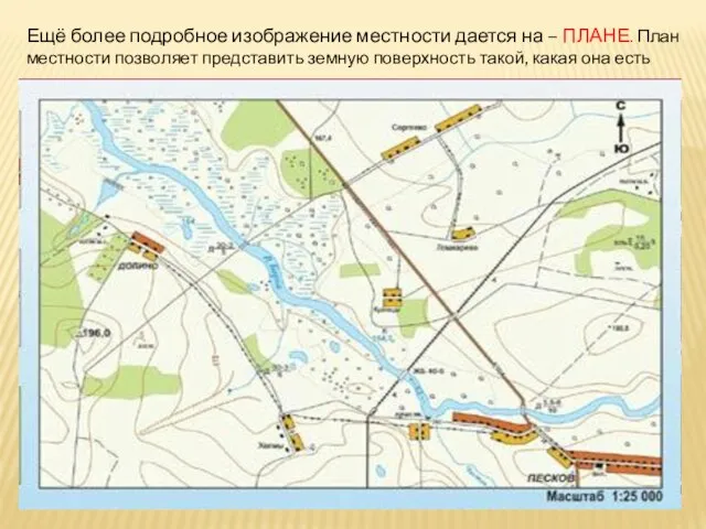 Ещё более подробное изображение местности дается на – ПЛАНЕ. План местности позволяет