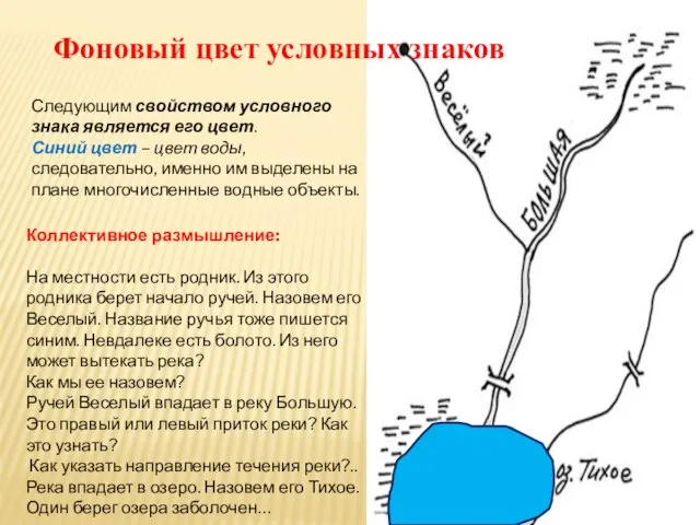 Следующим свойством условного знака является его цвет. Синий цвет – цвет воды,