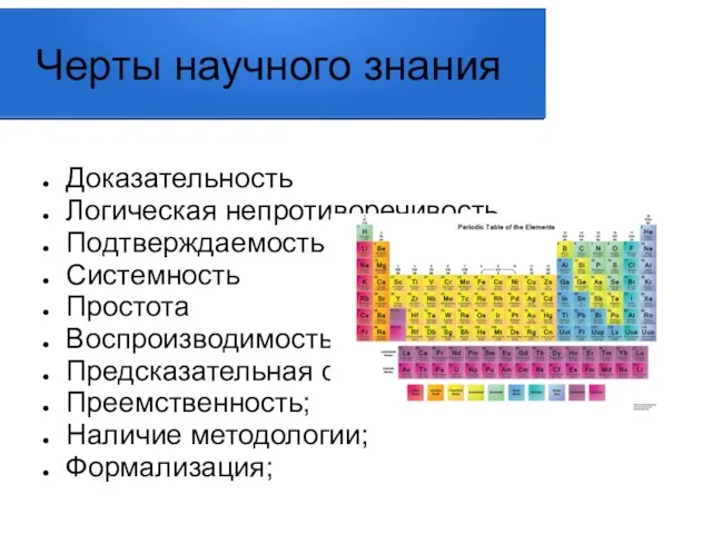 Черты научного знания Доказательность Логическая непротиворечивость Подтверждаемость опытом Системность Простота Воспроизводимость; Предсказательная