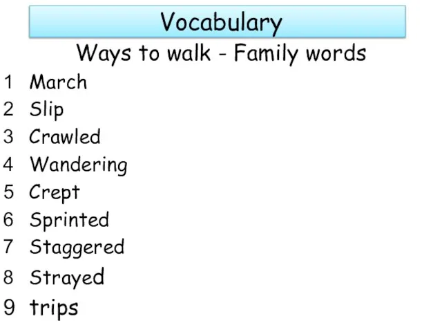 Vocabulary Ways to walk - Family words March Slip Crawled Wandering Crept Sprinted Staggered Strayed trips