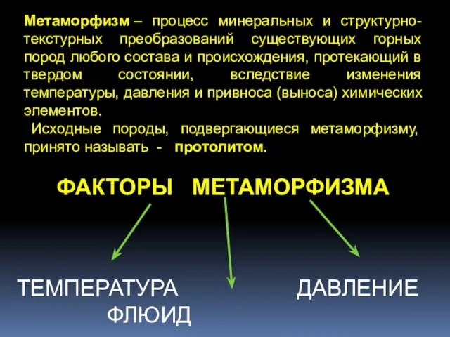 Метаморфизм – процесс минеральных и структурно-текстурных преобразований существующих горных пород любого состава