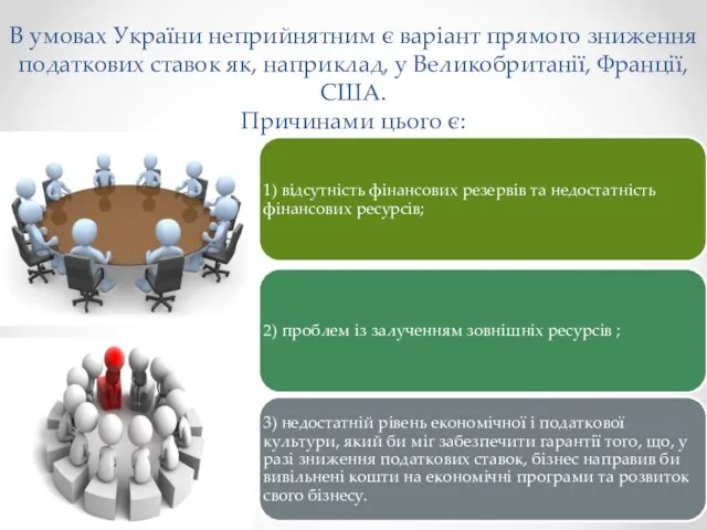 В умовах України неприйнятним є варіант прямого зниження податкових ставок як, наприклад,