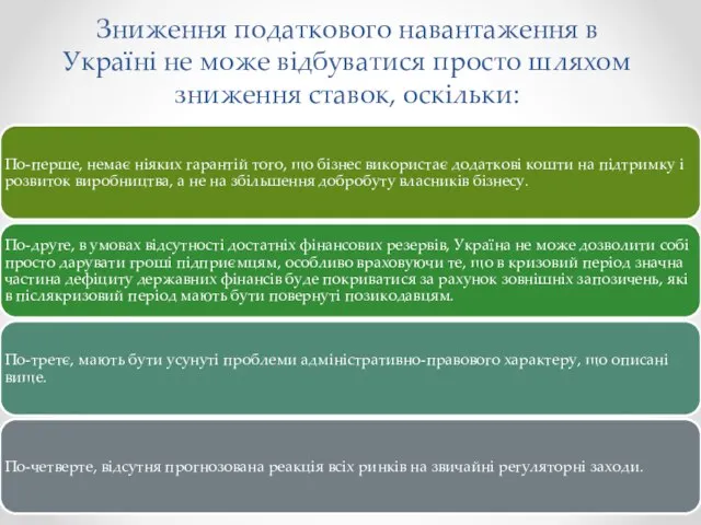 Зниження податкового навантаження в Україні не може відбуватися просто шляхом зниження ставок, оскільки: